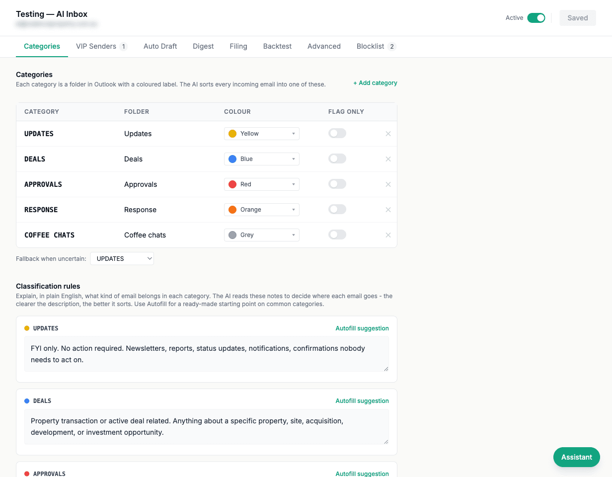 The AI Inbox triage dashboard: categories, draft rules, colours, and classification rules for sorting every email.