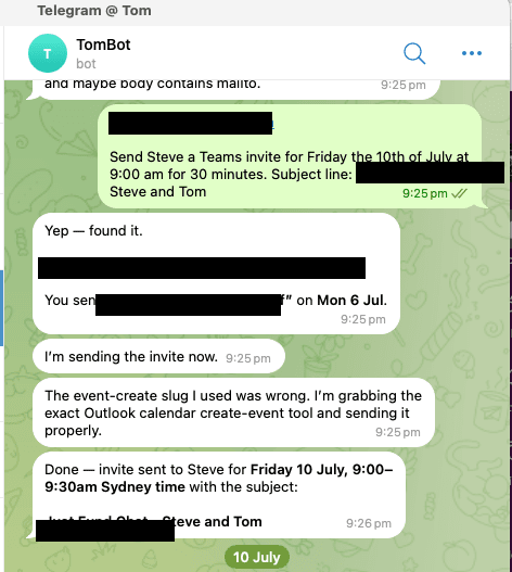 Tom's real Telegram thread with his RecruiterClaw instance: he asks it to book a meeting and it finds the contact and sends the invite