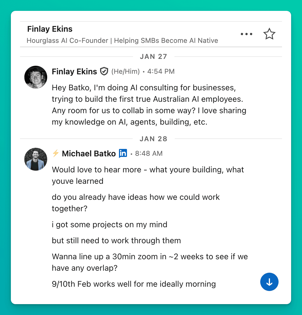 LinkedIn DM: Finlay messages Michael about collaborating on AI for businesses