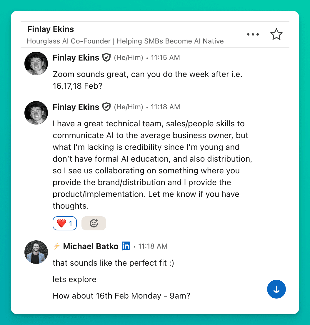 LinkedIn DM: Finlay proposes the split, Michael replies that sounds like the perfect fit