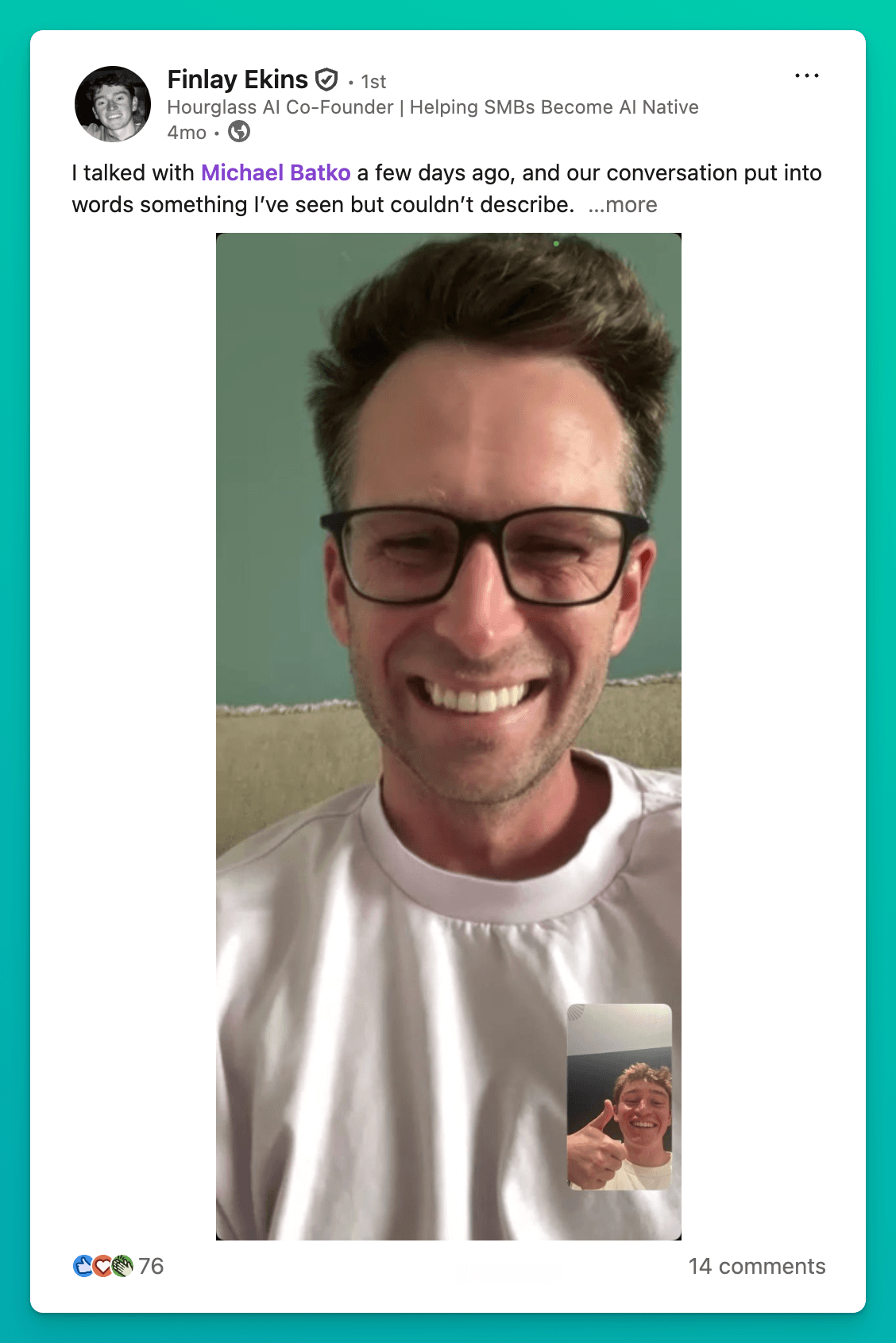 Finlay's LinkedIn post about a new style of founder, with a FaceTime screenshot